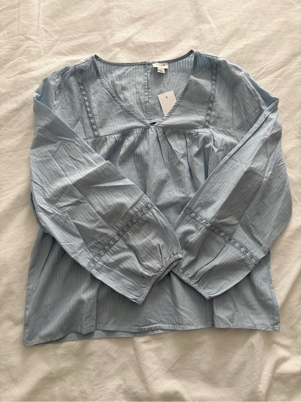 J. Crew Coastal Grandma Light Blue Cotton Lace Inset Peasant Long Sleeve Blouse - Picture 7 of 13